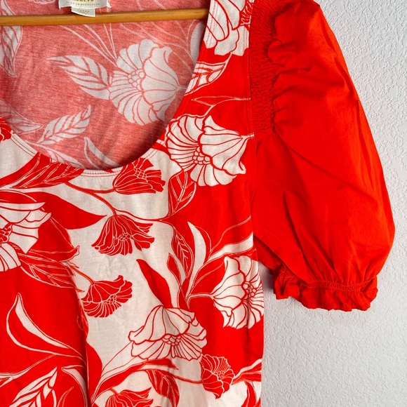 Anthropologie Red & White Floral Puff-Sleeve Top - Picture 2 of 5